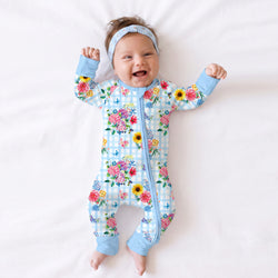 Gingham Garden Bouquet Blue Bamboo Zipper Romper Pajamas