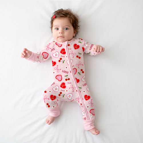 Sweetheart Cherry Hearts Bamboo Zipper Romper Pajamas