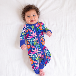 Game Day Blooms Blue Bamboo Zipper Romper Pajamas