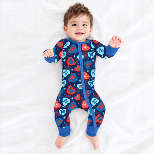 Hero Hearts Blue Bamboo Zipper Romper Pajamas