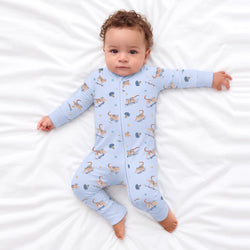 Skateboarding Leopard Blue Bamboo Zipper Romper Pajamas