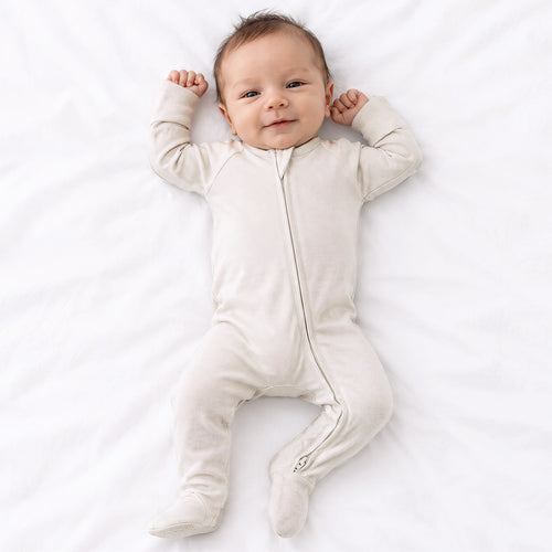 Oat Milk Solid Bamboo Zipper Footie Pajamas
