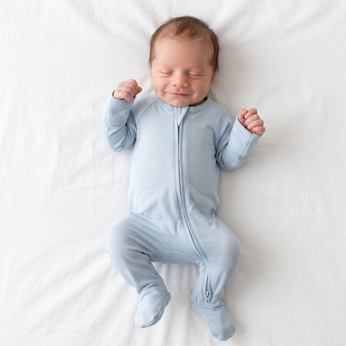 Solid Sky Blue Bamboo Zipper Footie Pajamas
