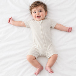 Oat Milk Solid Baby Bamboo Short Zipper Romper Pajamas