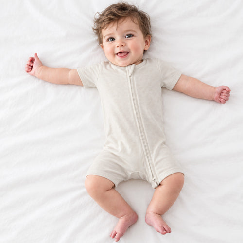 Oat Milk Solid Baby Bamboo Short Zipper Romper Pajamas