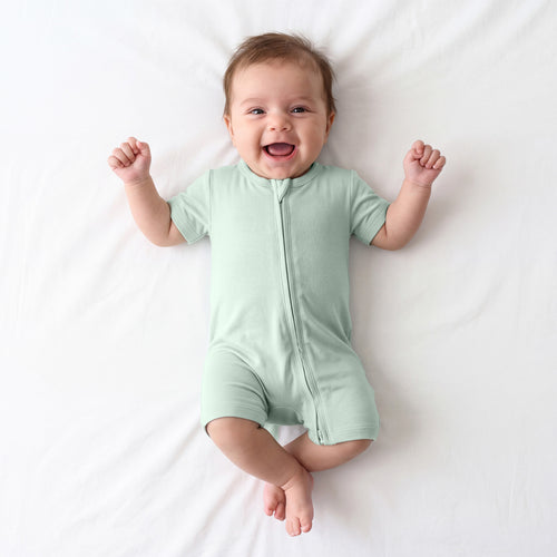 Sage Green Solid Baby Bamboo Short Zipper Romper Pajamas