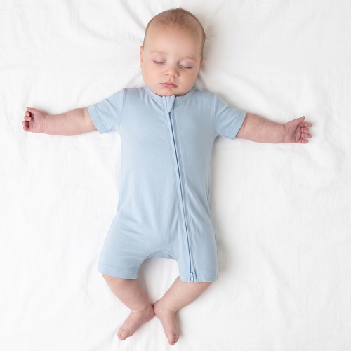 Solid Sky Blue Baby Bamboo Short Zipper Romper Pajamas
