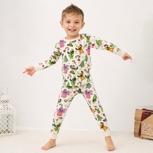 Christmas Alien Friends Checkerboard Kids Bamboo Two-Piece Pajama Set