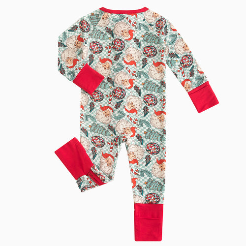 Christmas Santa Claus Plaid Baby Bamboo Zipper Romper Pajamas