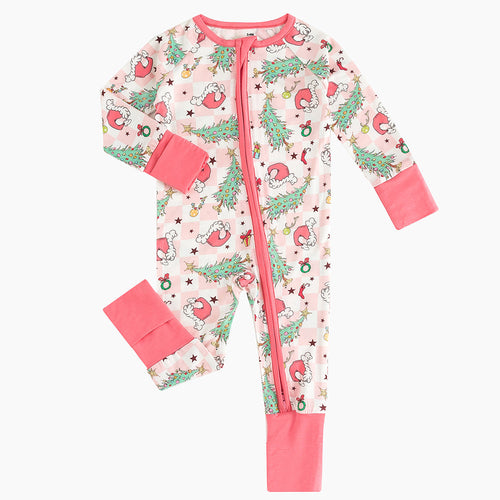 Christmas Pink Plaid Christmas Tree Baby Bamboo Zipper Romper Pajamas