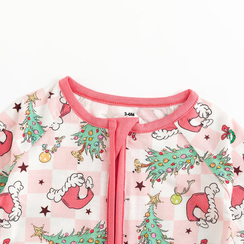 Christmas Pink Plaid Christmas Tree Baby Bamboo Zipper Romper Pajamas