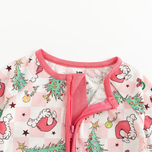 Christmas Pink Plaid Christmas Tree Baby Bamboo Zipper Romper Pajamas