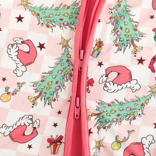 Christmas Pink Plaid Christmas Tree Baby Bamboo Zipper Romper Pajamas