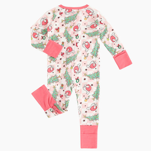 Christmas Pink Plaid Christmas Tree Baby Bamboo Zipper Romper Pajamas