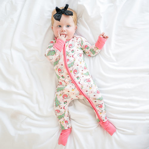 Christmas Pink Plaid Christmas Tree Baby Bamboo Zipper Romper Pajamas