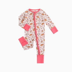Christmas Gingerbread Man Pink Bamboo Zipper Romper Pajamas