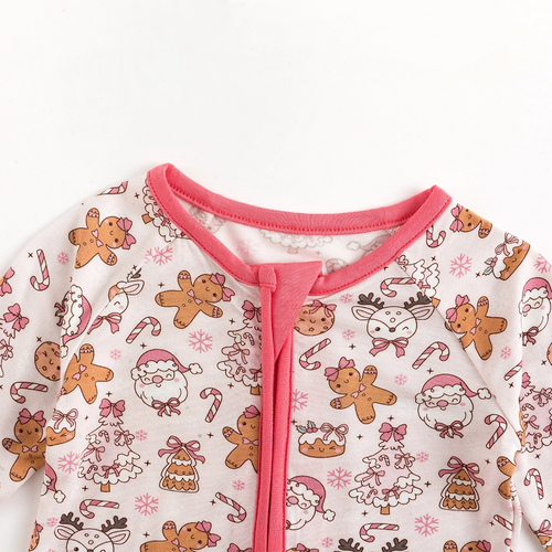 Christmas Gingerbread Man Pink Bamboo Zipper Romper Pajamas