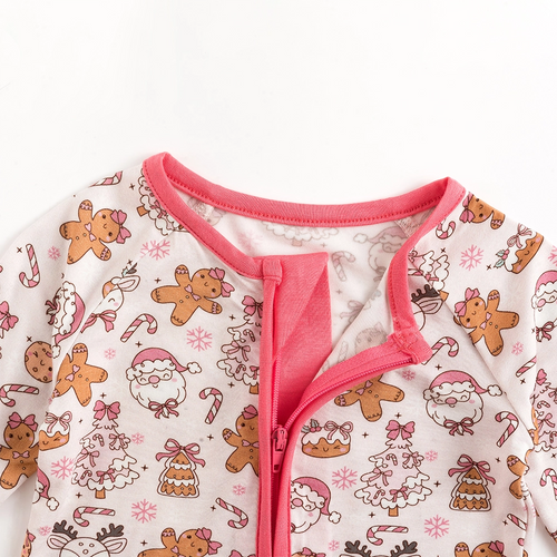 Christmas Gingerbread Man Pink Bamboo Zipper Romper Pajamas