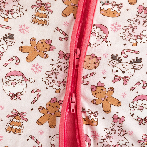 Christmas Gingerbread Man Pink Bamboo Zipper Romper Pajamas