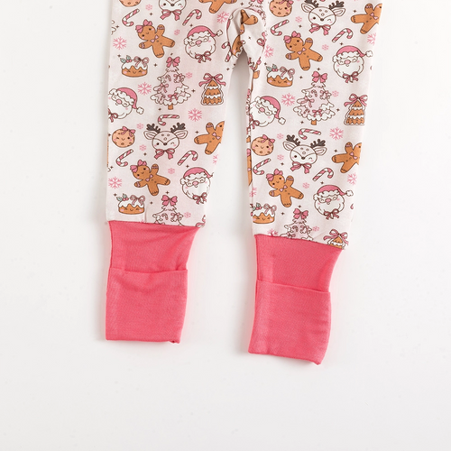 Christmas Gingerbread Man Pink Bamboo Zipper Romper Pajamas