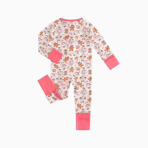 Christmas Gingerbread Man Pink Bamboo Zipper Romper Pajamas