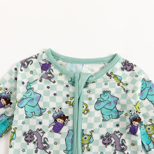 Monster Plaid Green Bamboo Zipper Romper Pajamas