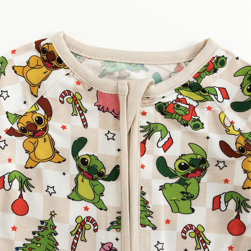 Christmas Alien Friends Checkerboard Baby Bamboo Zipper Romper Pajamas