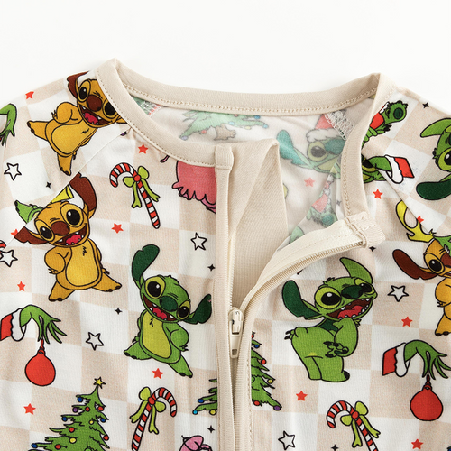 Christmas Alien Friends Checkerboard Baby Bamboo Zipper Romper Pajamas