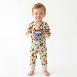 Christmas Alien Friends Checkerboard Baby Bamboo Zipper Romper Pajamas