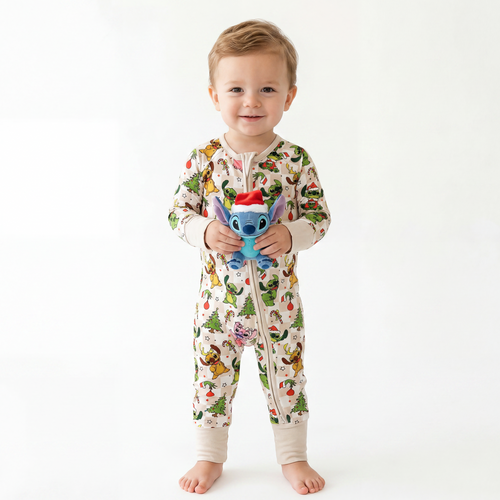 Christmas Alien Friends Checkerboard Baby Bamboo Zipper Romper Pajamas