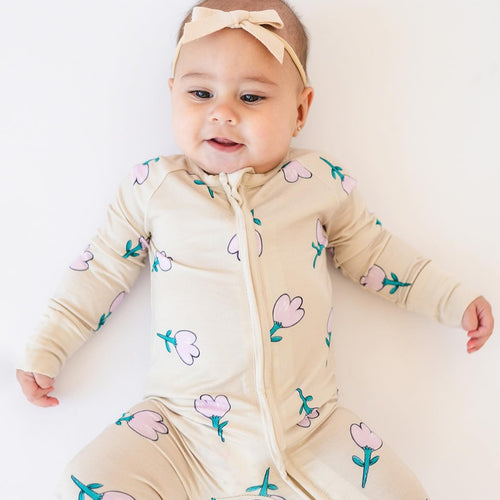 Today's Deals Pink Flower  Bamboo Zipper Baby Pajamas