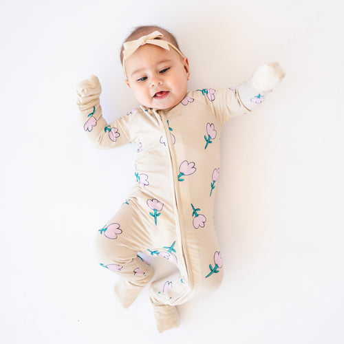 Today's Deals Pink Flower  Bamboo Zipper Baby Pajamas