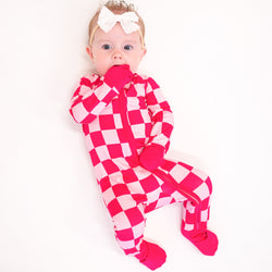 High-end Bamboo Rose Red Checkerboard Print Long Sleeve Newborn Baby Bodysuit