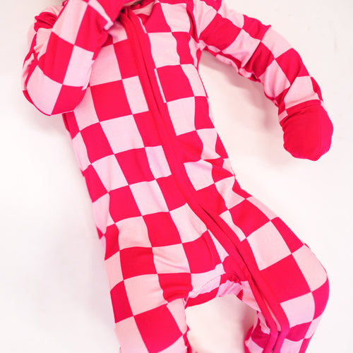 High-end Bamboo Rose Red Checkerboard Print Long Sleeve Newborn Baby Bodysuit