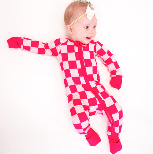 High-end Bamboo Rose Red Checkerboard Print Long Sleeve Newborn Baby Bodysuit