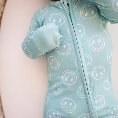 Smiley Mountain Lake Blue Bamboo Zippered Romper