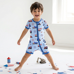 4th of July Stars Truck and Fireworks Blue Short Bamboo Zippy Baby Romper