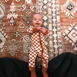 Burnt Orange Checkerboard Pattern Bamboo Romper