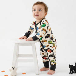 Halloween Smiley Face Car and Bus Pumpkin Bamboo Zipper Romper Pajamas