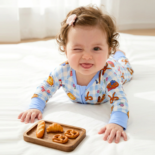 Sweet Bakery and Flower Bow in Blue Check Bamboo Zipper Romper Pajamas