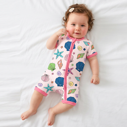 Colorful Ocean Shells and Stars Playtime Pink Short Bamboo Zippy Baby Romper