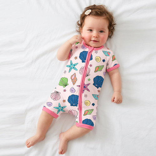 Colorful Ocean Shells and Stars Playtime Pink Short Bamboo Zippy Baby Romper