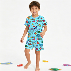 Blue Ocean Fish Frenzy Bamboo Two-Piece Pajama Short Sleeve Set