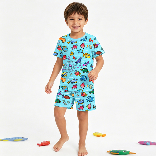 Blue Ocean Fish Frenzy Bamboo Two-Piece Pajama Short Sleeve Set
