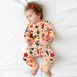 Autumn Woodland Wildlife and Fallen Leaves Peach Bamboo Zipper Romper Pajamas