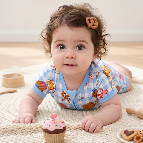 Sweet Bakery and Flower Bow in Blue Check Short Bamboo Zippy Baby Romper