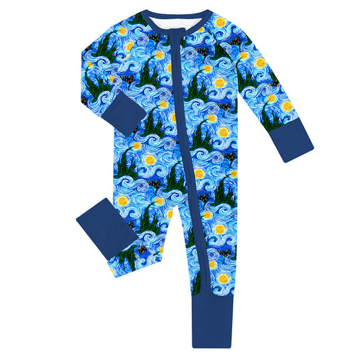 Deep Blue Starry Sky Baby Bamboo Zipper Romper Pajamas