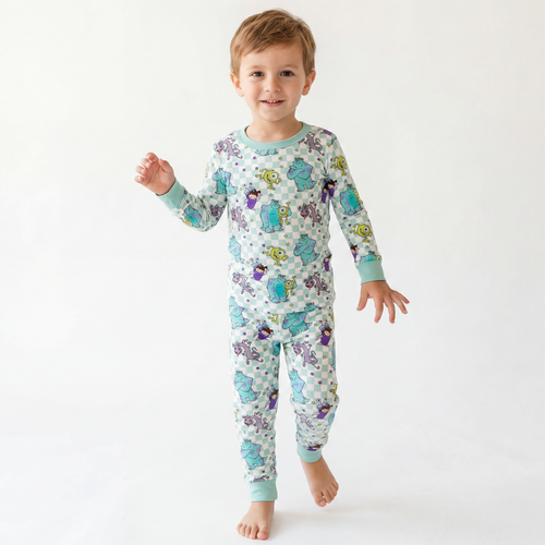 Monster Plaid Green Kids Bamboo Two-Piece Pajama Set