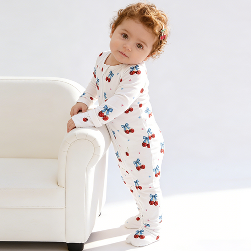 4th of July Cherry Bow Twinkling Stars Bamboo Zipper Romper Pajamas