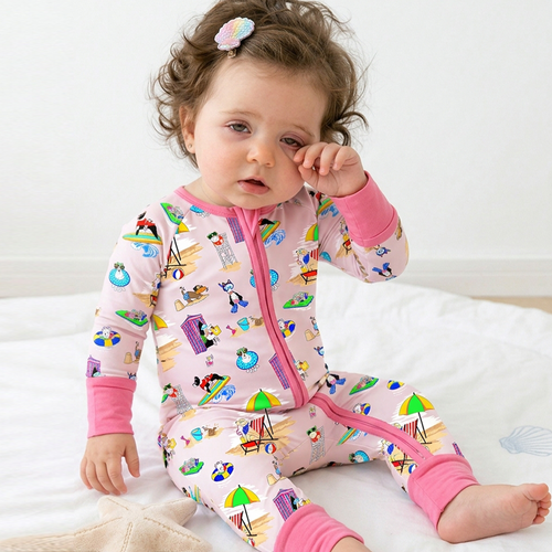 Seaside Surf Pup on Sunny Beach Pink Bamboo Zipper Romper Pajamas